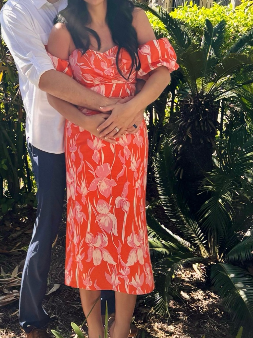 Bright Coral Tropical Print Off-Shoulder Dress